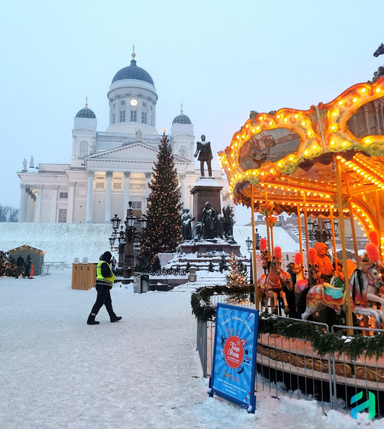 Church, carousel and security guard